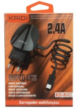 CARREGADOR DE CELULAR KAIDI TIPO-C 2USB 2.4A KD-81C